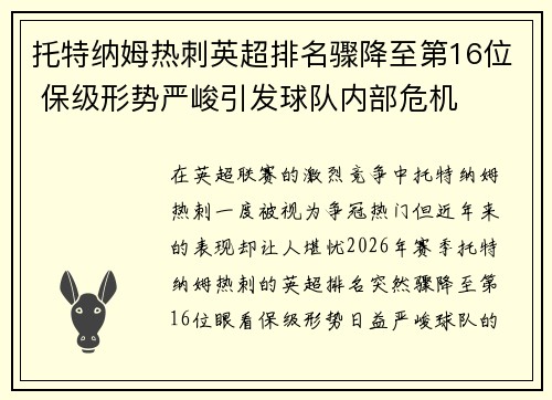 托特纳姆热刺英超排名骤降至第16位 保级形势严峻引发球队内部危机